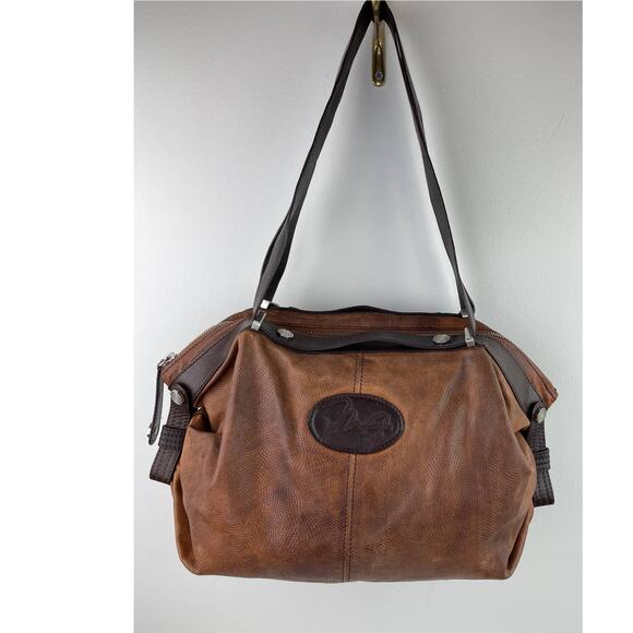 VINTAGE Max Azria Textured Leather Brown Tan Shoulder Strap Hobo Weekender Bag - Picture 1 of 11